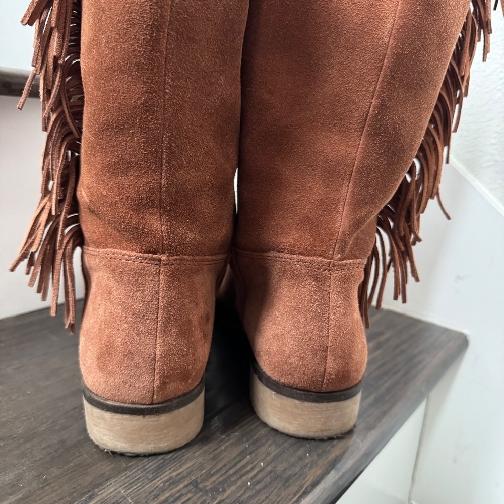 Lucky Brand Suede Fringe Brown Rodeo Campus Style Boho Leather Boots Size 8.5 - Picture 7 of 11